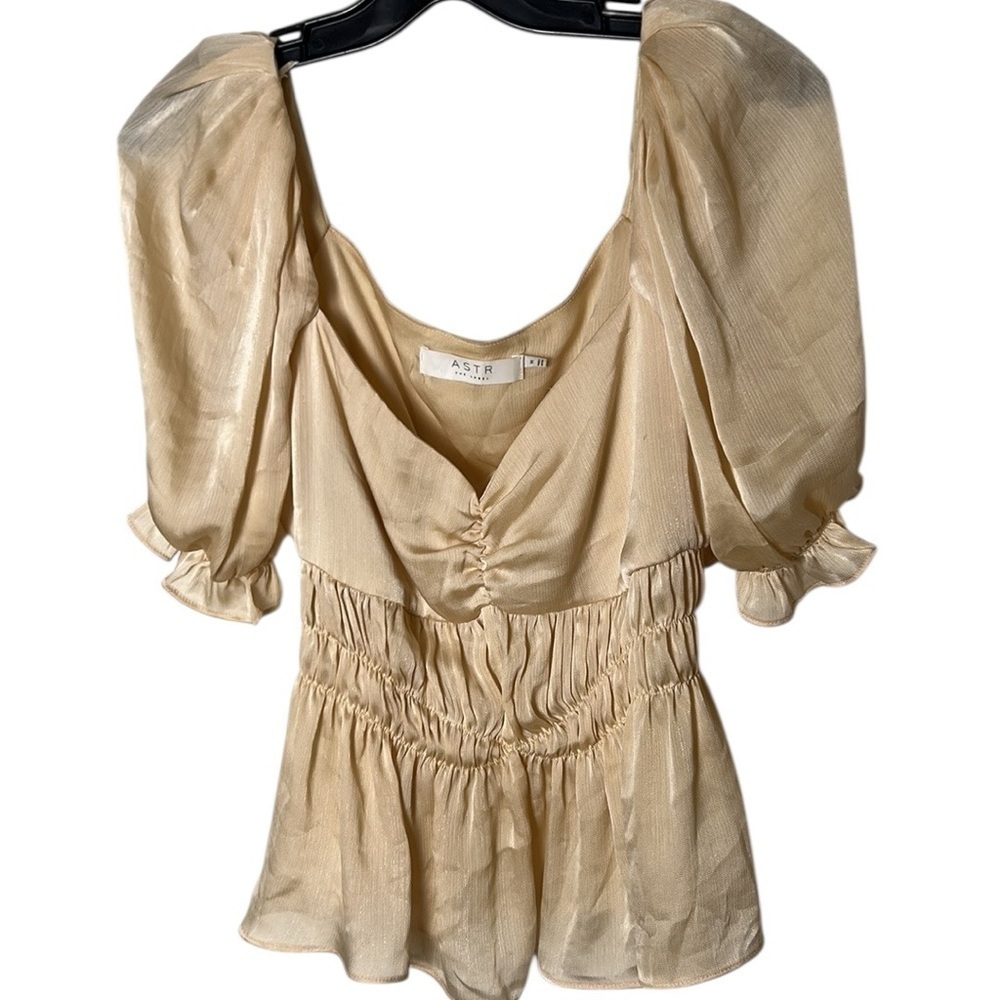 ASTR The Label balloon sleeve smocked top, ruffles,peplum, gold,whimsy,feminine